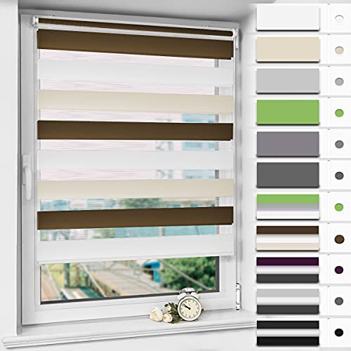 Magiea Doppelrollo Klemmfix ohne Bohren & mit Bohren, Weiß-beige-braun B45 x H120 cm Stoffbreite 41 cm, Klemmrollo lichtdurchlässig und Blickdicht, Fensterrollo Sonnenschutzrollo für Fenster