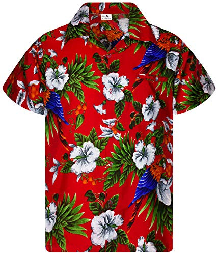 King Kameha Funky Hawaii-skjorta män kortärmad framficka Hawaii-tryck körsbärsblommor papegoja tryck, Körsbärspapegoja röd, 5XL