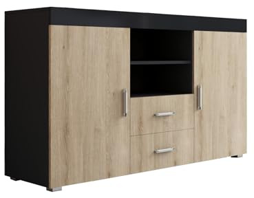 MB Muebles Bonitos | Buffet Roque pour Salon et Salle à Manger Moderne | Meuble TV en Mélamine | Couleur Noir Brillant et Sonoma Mat | 140x80x40 cm