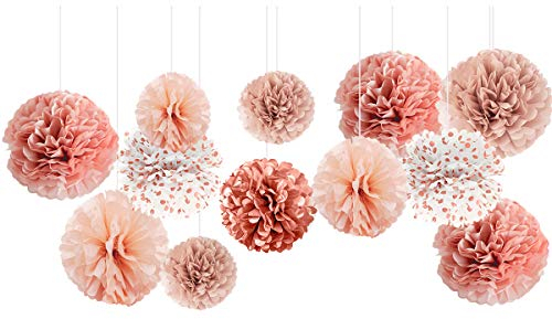 NICROLANDEE Wedding Decorations - 12 PCS Rose Gold Burnt Coral Tissue Paper Pom Poms for Wedding Birthday Bridal Shower Bachelorette Baby Shower Ceiling Valentine Day Party Backdrop Decor