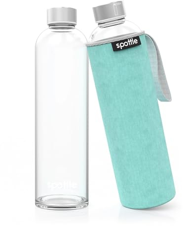 Vattenflaska i glas med neoprenfodral, diskmaskinssäker, BPA-fri, idealisk för alla drycker (himmelsblå, 1 000 ml)