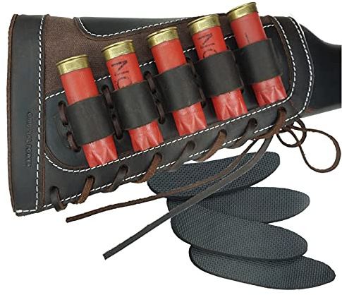 Adjustable Leather Buttstock Cartridge Ammo Holder for 12 Gauge Ammo Pouch Bag Stock 12GA Shotgun Shell Holder (Coffee)