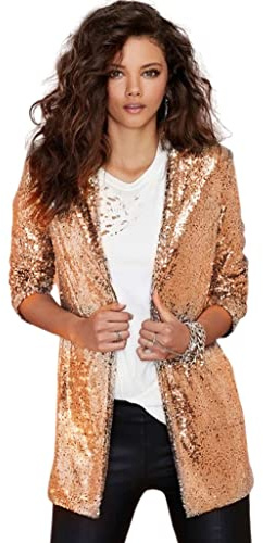 ebossy Women's Stylish Sequin Blazer Jacket Open Front Lightweight Slim Bling Stage Coat Outfits (Small, Gold)