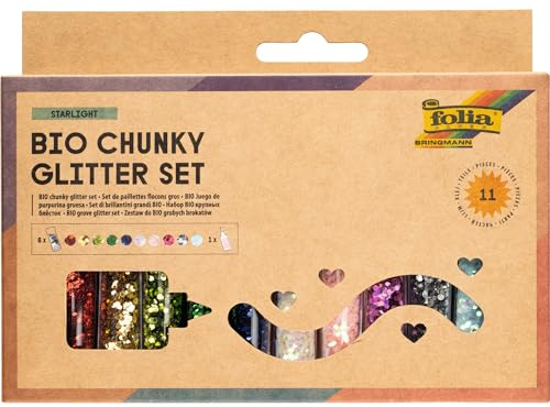 folia 5891 - Bio Chunky Glitter Set STARLIGHT, 10 Dosen inkl. 90 g Deko-Kleber, organischer Chunky Glitzer in 10 verschiedenen Farben, zum Verzieren und Dekorieren
