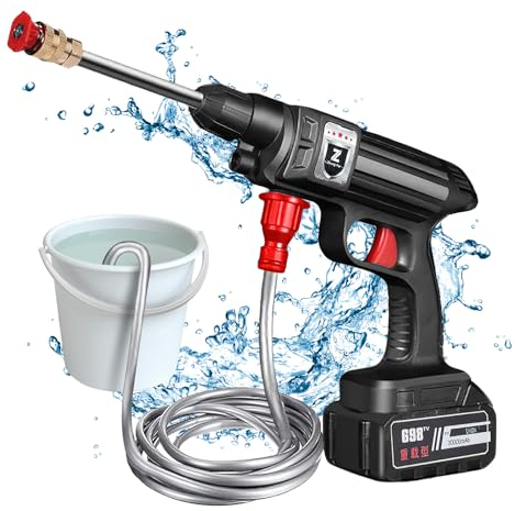 Hochdruckreiniger, kabellose Hochdruckpistole, 50 bar, Hochdruckreiniger mit 1 Akku, Ladegerät und 5 m Schlauch, für Waschen und Bewässerung des Autos (B)