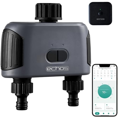 Echos Dualer Bewässerungscomputer mit WLAN und Gateway Alexa, Google Assistant WiFi Bewässerungssystem Garten Zeitschaltuhr Automatische Bewässerung Garten Bewässerungsuhr (2 Ausgänge mit Gateway)