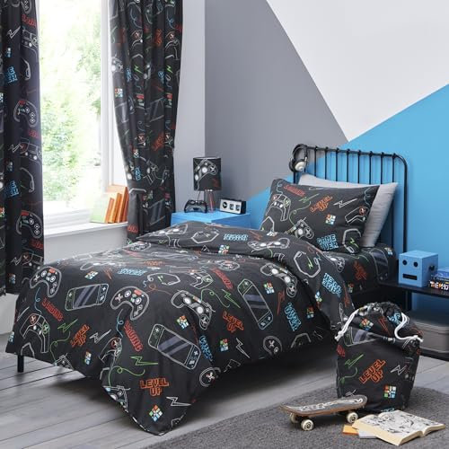 Happy Linen Company Girls Boys Kids Gaming Controller Black Double Reversible Soft Easy Care Bed Linen Duvet Cover Quilt Bedding Set With Pillow Cases