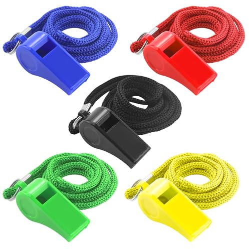 AMANDELIZABE Lot de 5 sifflets de Sport avec Cordon Tour de Cou - Sifflet en Plastique - Sifflet d'arbitre - Sifflet pour entraîneurs, arbitres, Enseignants, urgences