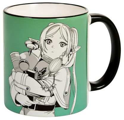 Elbenwald Tazza per gli appassionati di frières, con motivo del personaggio stampato su tutto il perimetro, capacità 320 ml, altezza 9 cm, tazza da caffè per gli appassionati di anime, ceramica, verde