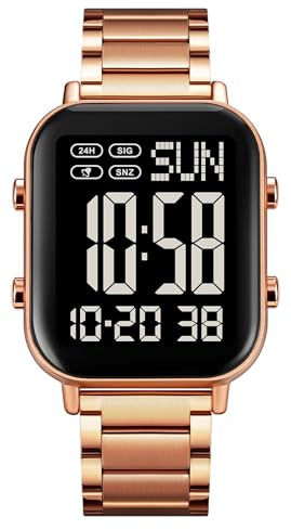 FANMIS Classic Unisex Digital Sports Watches Women's Men's Multifunctional Watch Stainless Steel Band Square Big Numbers Dial Waterproof Electronic Led Watch (Rose Black)