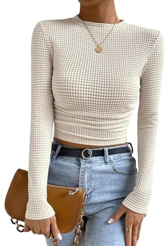 Haibang Maglia Donna Manica Lunga Maglietta Elegante in Waffle Slim Fit T-Shirt Sexy Basic Top Casual Crop Top Girocollo Camicetta Pullover Autunno Inverno Moda Y2K Streetwear