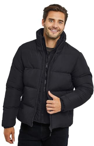 Spindle Mens Plain Black Heavyweight Funnel Neck Padded Winter Field Jacket Quilted Warm Coat Zip Side Pockets Inside Pocket Black XL