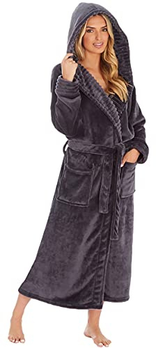 KATE MORGAN Ladies Dressing Gown Fluffy Super Soft Hooded Bathrobe for Women Plush Fleece Perfect Loungewear Long Robe | Gifts for Women Charcoal 20-22