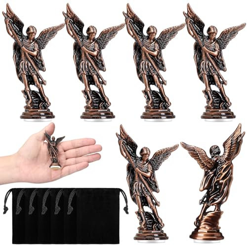 Wesiti 6 Pcs Archangel Saint Michael Statue 3.31 Inch Religious Figurine with Black Velvet Bags Collectible Angel Sculpture Decor for Home or Car
