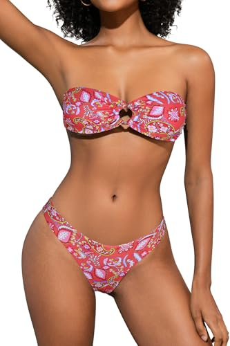 SHEKINI Maillot de Bain Femme 2 Pieces Bandeau O-Ring Haut à Lacets au Dos Bikini Set Sexy sans Bretelles Bikini Deux Pièces（S,Imprimé Floral FH）