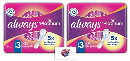 Platinum Sanitary Pads with Wings, Size 3 | 5X Comfort & Protection | Soft Wings, 3D LeakGuard & OdourLock | Bundle of 2 (8 Pads Each, 16 Total) - Alway