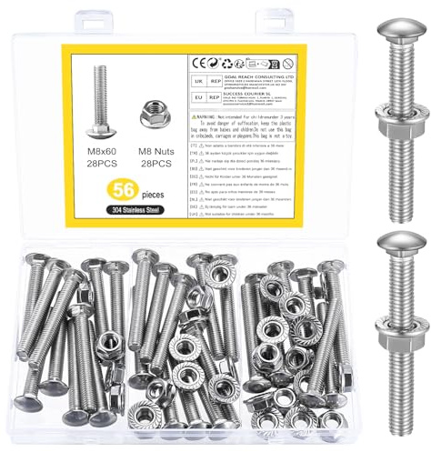 28 Pcs Pernos de Carruaje M8 x 60 mm, Tornillos de Cabeza Redonda con Tuercas, Tornillo Perno de Redonda y Tuercas de Brida de Acero Inox, Tornillos de Cabeza Plana de Cuello Cuadrado