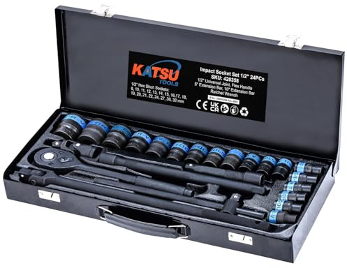 KATSU Tools 24-Piece 1/2 Drive Socket Set - CR-V, 6-Point, 8-32mm Metric, 72 Teeth Quick Release Ratchet Wrench, Steel Carry Case, Mechanic Tool for DIY, Car Repair