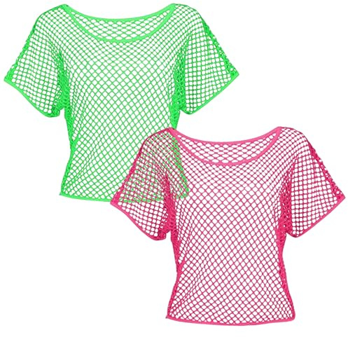 TYXHXTF 2 Pièces Haut en Résille Fluo, T-Shirt Resille Néon, Deguisement Annee 80 Femme Accessoire, pour Disco Carnaval Fête, Taille Unique (Rose + Vert)