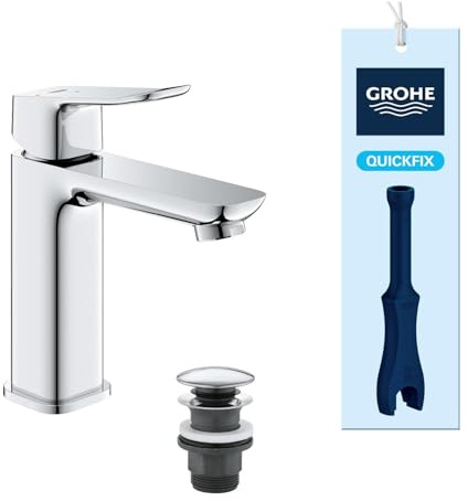 GROHE Dice Single Lever Basin Mixer with Push-Open Waste Set, (M-Size 172mm, 28mm Ceramic Cartridge, Water & Energy Saving, Tails 3/8 Inch, Easy to Fit with the Included QuickTool), Chrome, 1018360000