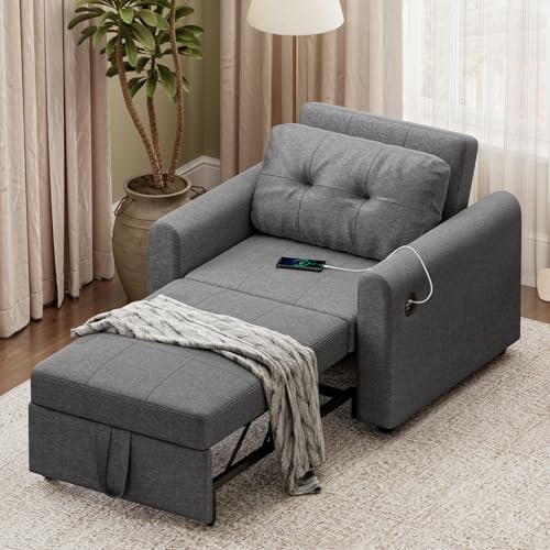 Luxstein 3-in-1 Convertible Schlafsessel Sofa Bett, Schlafsofa mit Tasche und Verstellbarer Rückenlehne, USB und Typ-C, 3 Verstellbare Winkel für Wohnungen Wohnzimmer, Grau
