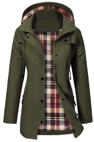 PASUDA Giacca Impermeabile Donna Giacca Trench Pioggia con Cappuccio Parka Lungo Giacca a Vento Traspirante Leggero Antipioggia Antivento All'aperto (Verde Militare, L)