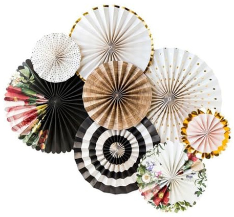 DECOMELODY Abanicos Plegables de Papel Estilo Chino, Set de 8 Piezas Decorativas Colgantes para Fiestas y Eventos, Abanicos Redondos con Diseño de Flores para Decoración Festiva en Hogar