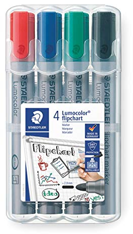 STAEDTLER Lumocolor 356 WP4 Flipchart-Marker, farbintensiv, geruchsarm, Rundspitze ca. 2 mm Linienbreite, hohe Qualität, ideal für Flipchart-Blöcke, Set mit 4 Farben, sortiert, 1 Stück