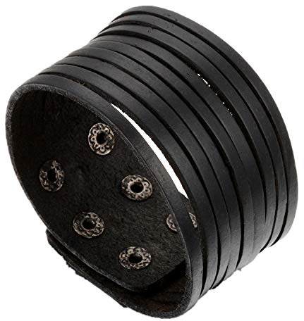 Flongo Herrenarmband Männer Armreif Lederarmband Surferarmband groß breit Biker Armband Manschette Schwarz Punk Rock Einstellbar