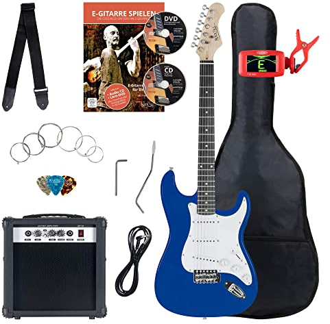Rocktile ST-Pack Komplettset E-Gitarre Blue (Verstärker, Stimmgerät, Tremolo, Tasche, Kabel, Gurt, Plecs, Ersatzsaiten und Schule mit CD/DVD)