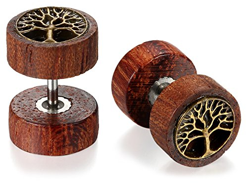 JewelryWe Schmuck 2x 10mm Holz Ohrstecker Fake Tunnel Plug Cheater Illusion Tunnel Barbell Stud Ohrringe Baum des Lebens Unisex Retro Punk Gauge 00G Look