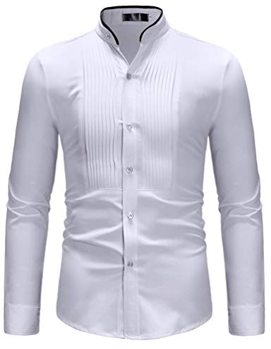 HuanHaoYu Uomo Blusa Festivo Party per La Notte Manica Lunga Camicette in Alto Collo Coreana Unico Pieghe Camicie Slim Fit Bianco (Bianco,M)