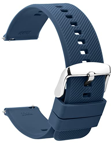 TStrap Silikonklockarmband 20 mm, med quick release-funktion, mjukt, gummi, svart, vattentätt militärklockarmband för män och kvinnor, för byte av smartklockarmband, 18, 19, 20, 21 och 22 mm, Marinblå/Silver Lås, 21mm, Nato
