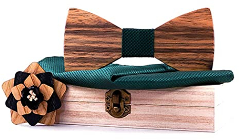 HZQIFEI Noeud Papillon Bois, Ensemble 3 Pièces Noeud Papillon en Bois + Carré de Poche + Broche en Bois à Fleurs, Taille Réglable (C6, 3PCS)