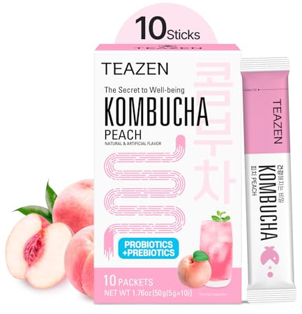 TEAZEN - Kombucha Pêche – Thé probiotique fermenté instantané – 10 sachets – Sans sucre, Végan, Faible en calories – Boisson fruitée Coréenne en poudre avec prébiotiques
