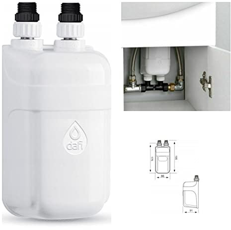 Instant Water Heater for in-Line Sinks, Wash Basins, and Showers, Tankless Electric Heating Element, Energy Efficient Supply System, Compact Space Saver, Wall Mounted