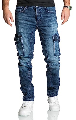 REPUBLIX Herren Cargo Jeans Regular Slim Denim Hose Destroyed R7977 Dunkelblau W34/L32
