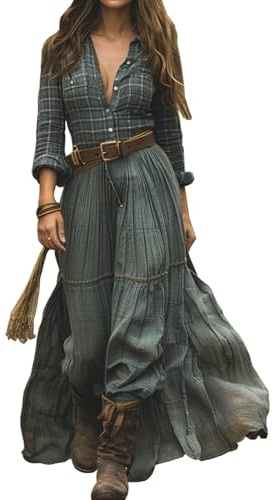 XUSAI Vert,M,Robe Chemise À Carreaux Maxi pour Femme Années 70 Vintage À Manches Longues Col en V Robe Longue Country Western Robe d'automne Décontractée À Épissure