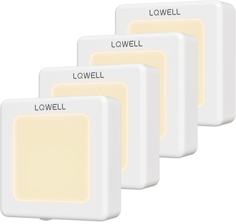 LQWELL® Nattljussockel Vikbar med Skymningssensor, Nattlampa Justerbar Ljusstyrka, Automatiskt Uttagsljus, Orienteringsljus Varmvitt för Barnrum Halltrappa (Vit, 4 Stycken)