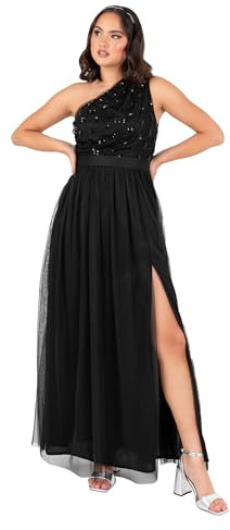 Maya Deluxe kvinnors maxiklänning dam en axel ärmlös blommig paljett embellished sash slipsbälte tyll A-linje delad bridesmaid, svart 38, svart, 38