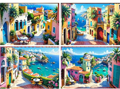 SHEGZHUC 4 paquetes de pintura de diamantes para adultos, casa junto al mar, 40 x 30 cm, pinturas de pintura de diamantes, islas Santorini, bordado de mosaico, punto de cruz, arte, regalo, decoración