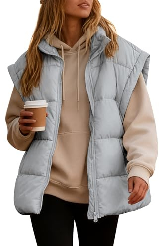 Rave on Friday Gilet doudoune sans manches pour femme, fermeture éclair, vêtement d'extérieur chaud, léger, rembourré, en duvet, pour l'hiver, gris, taille XL