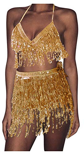 Costumes Danse Orientale Ensemble Femme Danse Orientale Paillettes Haut dos à Franges + Jupe Courte Paillettes Robe Dancer Latine Tango Orientales Tenue de Dancer du Ventre Soirée, (01 Gold, One Size)