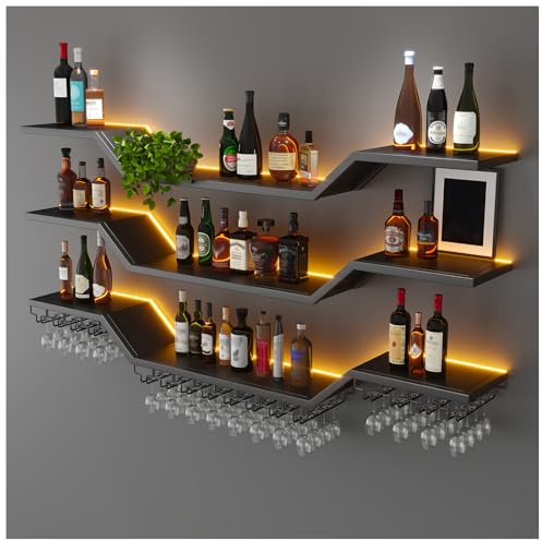 TAUODUYY 160cm Modern LED Wine Rack Wall Mounted, 3-Tier Floating Bar Shelves with Wine Glass Rack, Large Hanging Liquor Shelf Wall Mounted, for Home Bar Dining Room Cafe Decorative (Black, 160cm)