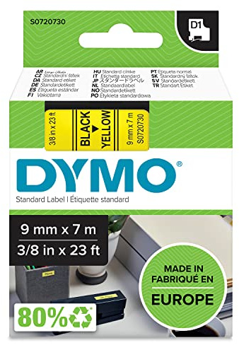 DYMO Authentic D1 Labels | Black Print on Yellow Tape | 9 mm x 7 m | Self-Adhesive Labels for LabelManager Label Makers | Made in Europe