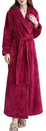 Peignoir Femme Velours Robe de Chambre Polaire Femme Chaud Long Flanelle Peignoir de Bain Eponge Hiver Longue pour Le Cadeau de Noël Rose Rouge L