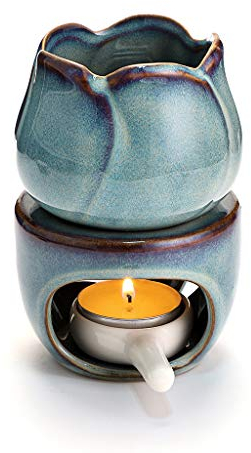 BSTKEY Keramik-Duftlampe für ätherische Öle, Wachsschmelzbrenner mit Kerzenlöffel, dekorativer Aroma-Teelichthalter, Ölbrenner für Wachsschmelzen, Blumenmodell (blau)