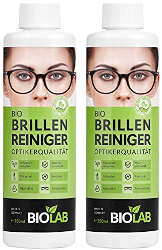 BIOLAB Bio Brillenreiniger - Set 500 (2x 250 ml Nachfüllflasche) für Brillen Reinigungsspray, antibeschlag für Brille, silikonfrei, alkoholfrei, anti beschlag