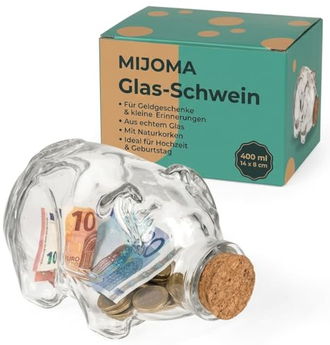 MIJOMA Glas-Schwein mit Naturkorken – 400 ml Aufbewahrungsglas als Spardose und Geldgeschenk für Hochzeit, Geburtstag, Einzug und besondere Erinnerungen