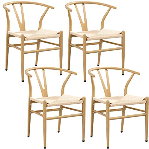 Yaheetech Dining Chair Set of 4 Mid-Century Y-Shaped Weave Chair, Wood | Weave Backrest Hemp Dining Chairs, with Solid Metal Frame Accent Chair for Living Room Bedroom Dining Room Office Cafe